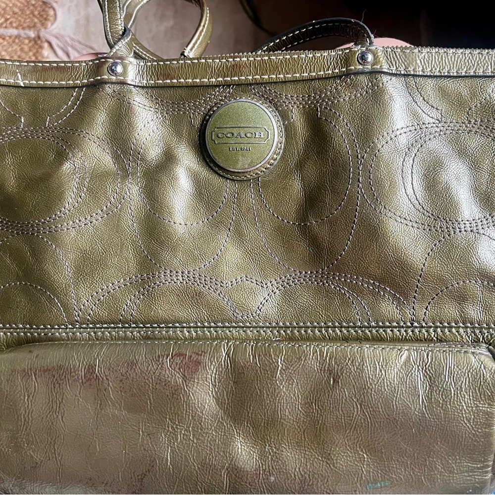 COPY - Coach Green Leather Tote with Signature Logo